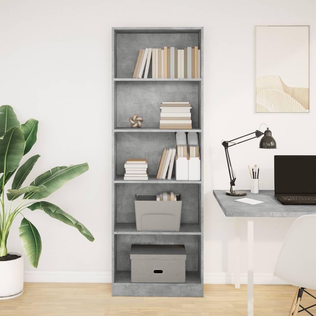 Estantería para libros, color gris hormigón, 60 x 24 x 176 cm, diseño moderno, versátil en el salón, dormitorio, oficina, pasillo, estantería pequeña con compartimentos abiertos para libros