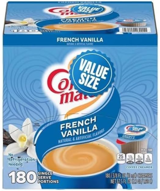 French Vanilla Coffee Creamer Liquid Singles, 180 Count – Rich & Creamy Non-Dairy Coffee Creamer Pods, Shelf-Stable Individual Creamers for Coffee, Tea, Office Breakroom, Travel & Home Use.