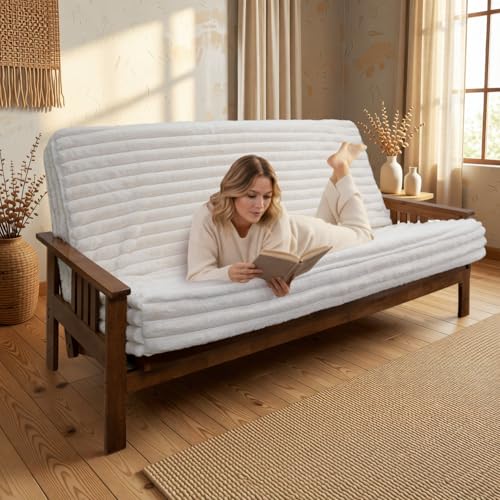 Memory Foam Futon Mattress, Foldout Couch Futon Mattress - 6x54x74 (White Ivory) - Plush Faux Fur Fabric Comfortable and Heavy Duty Sofa Bed, Thick Corded Cushion for All (Frame NOT Included)