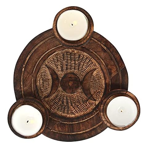 Enchanting Brown Wood Triple Moon Candle Holder Cover