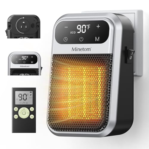 Minetom Portable Plug In Space Heater, 800W Small Wall Outlet Heater for Indoor Use, Remote, 12H Timer, ECO Mode, Overheat Protection, Fast and Safe Heat for Bathroom Office Bedroom Home