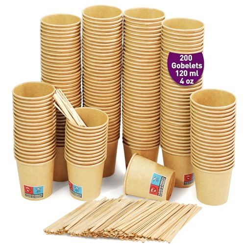 200 gobelets jetables en kraft pour café de 120 ml / 4 oz, gobelets en carton kraft jetables avec agitateurs en bois pour café. Pour boissons chaudes et froides