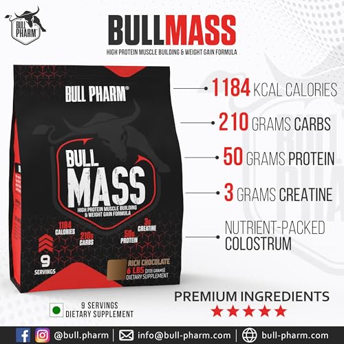 Image of Bull Mass Muscle Gainer Protein Powder (9 Servings) | Increased Athletic performance | Strength | Weight Gain | Lean Muscle | FSSAI Approved (Rich Chocolate, 6 Lbs)