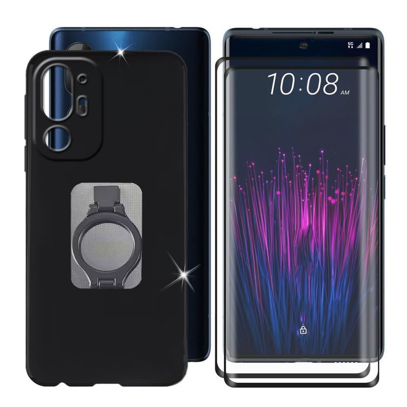 Cover for HTC U24 Pro (6.80') + Screen Protector(2 Pack), Ultra Thin Silicone Cover Shockproof Bumper Anti-Scratch Case with Phone Ring Holder Adjustable 360° - Black