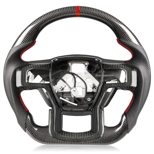 TESFEEL Carbon Fiber Heated Steering Wheel for F-150 Raptor 2017–2020, D-Shaped Flat-Bottom, with Matching Decorative Trim Piece, Hand-Stitched Nappa Grip, for Raptor with Paddle Shifters Models