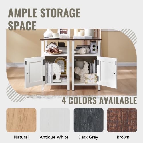 Image of IFBUY Farmhouse Nightstands Set of 2, Narrow Bedside Table with Charging Station, Night Stand Set 2 with Storage & Open Shelf, End Tables w /Groove Barn Door for Bedroom, Living Room-Antique White