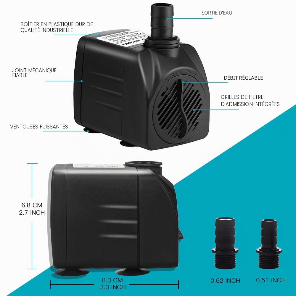 Cadrim Pompe Submersible,Pompe Aquarium 1200L/H 220-240V/50Hz Multifonction Aquarium Poisson Fontaine, Pompes à l'eau, Pompes de Piscine