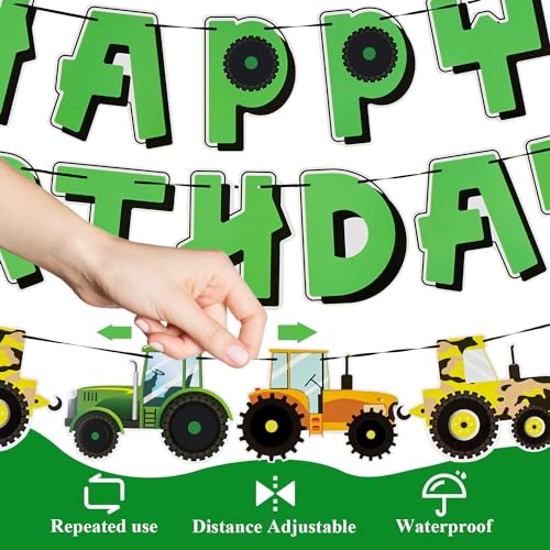 Image of SUNBEAUTY Green Tractor Happy Birthday Banner Set with Tractor Garland Banner for Tractor Farm Themed Birthday Party Supplies Decorations | Pre-Strung