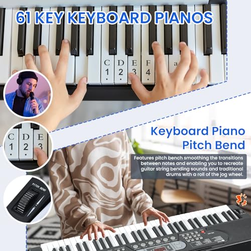 Image of 61-Key Lighted Keyboard Piano for Beginners, Electric Keyboard with Pitch Bend & Built-In Speakers, Teaching Mode, Portable Piano Set with Stand, Bench & Microphone