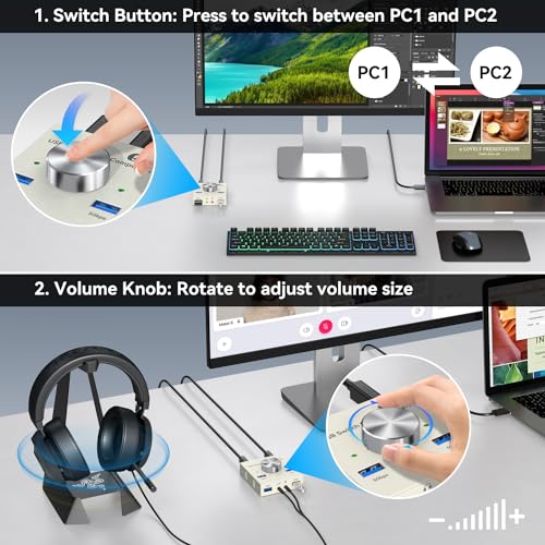 Image of USB 3.0 Switch 2 Computers Sharing USB A & 3.5mm Wired Headset Devices, 4 Port USB Switcher for Keyboard and Mouse, Printer /Scanner with 2 USB3.0 Cables, Grey