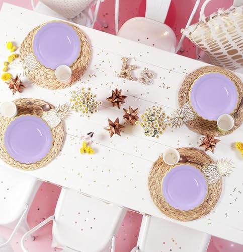 Image of HEIPINIUYE 50 Pieces Lavender Paper Plates with Gold Foil 7 Inch Disposable Light Purple Scalloped Dinner Plates for Wedding Baby Shower Birthday Party Dessert Plate