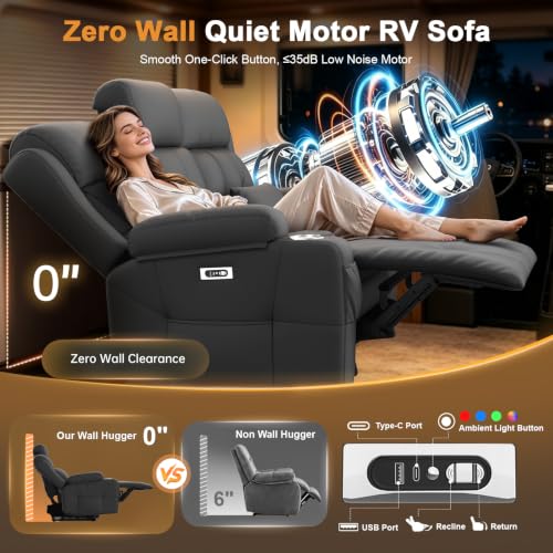 Image of Home Theater Seating, Power Loveseat Recliner Sofa with Massage & Heat, Wall Hugger Reclining Loveseat with USB, RV Couch with LED Lights, Flip Backrest, Cup Holders for Movie Theater & Gaming Room