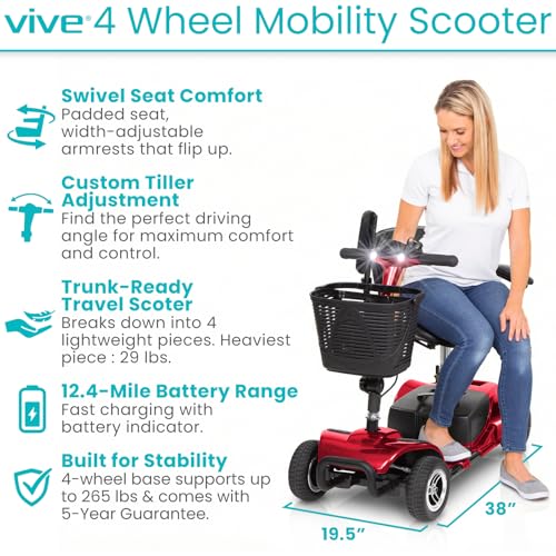 Vive 4 Wheel Mobility Scooter - Electric Powered Wheelchair Device - Compact Heavy Duty Mobile for Travel, Adults, Elderly - Long Range Power Extended Battery with Charger & Basket