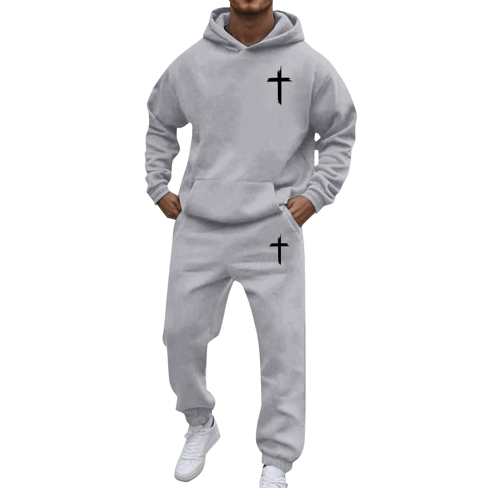 Christian, tuta da uomo, set completo di 2 pezzi, con stampa a croce, felpa con cappuccio a maniche lunghe e pantaloni da jogging