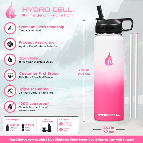 Image of HYDRO CELL Stainless Steel Insulated Water Bottle with Straw - For Cold & Hot Drinks - Metal Vacuum Flask with Screw Cap and Modern Leakproof Sport Thermos for Adults (White /Pink 24oz)