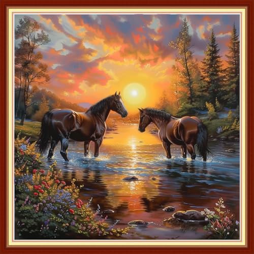 Image of Joyhoor Cross Stitch Kits for Beginners Stamped Cross-Stitch Supplies Needlework preprint Embroidery Kits for Adults DIY Needlepoint Kits Embroidery Patterns 11CT-Sunrise Couple Steed 18x18 inchs