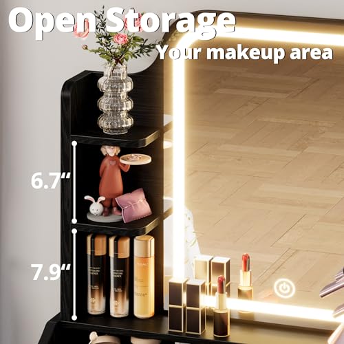 Image of LIKIMIO Small Vanity Desk with Mirror Lights and Storage Stool | Black compact vanity with 3 light modes, charging station, storage drawer, 3 shelves and upholstered stool