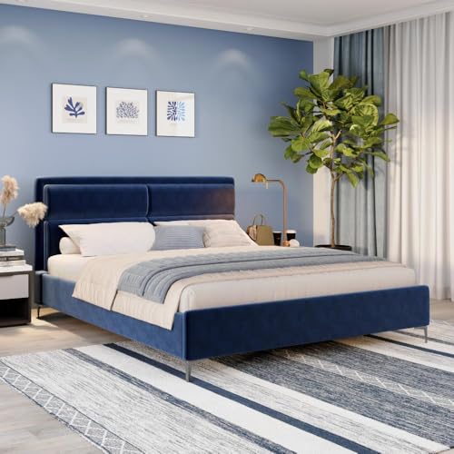 Image of Wakefit Bed | King (78 X 72) Solid Wood Bed, Upholstered, Without Storage, 3 Year Warranty - Zewail - Velvet Blue