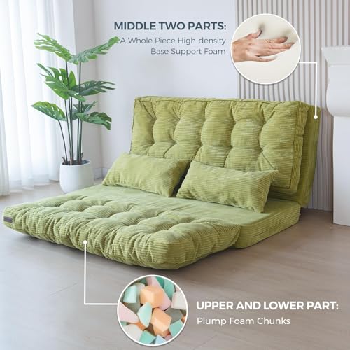 Image of MAXYOYO Folding Sofa Bed, Tufted Bean Bag Bed with Pillows Floor Couch for Adults, Extra Thick and Long Floor Sofa, Full Floor Couch Bed for Bedroom Living Room, Green, 54x91 Inch