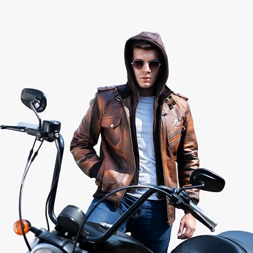 Image of TLC's Mens Leather Bomber Jacket | Durable Lambskin Leather Bomber Jacket Men with Removable Hood