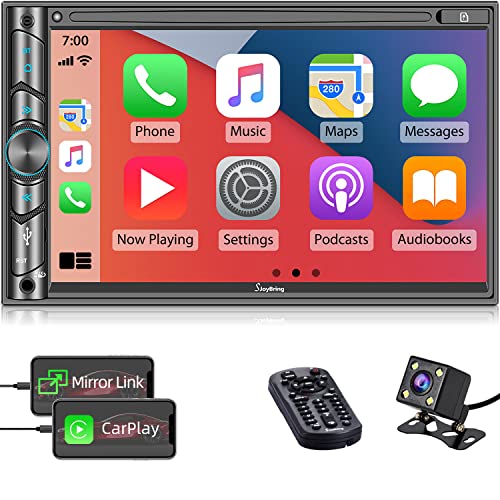 Double DIN CarPlay Multimedia Player, 7´´ HD Capacitive Touchscreen, Car Stereo with Backup Camera, Bluetooth, 16-Band EQ, Steering Wheel Controls, Mirror-Link, USB/SD Port, AM/FM Car Radio Receiver