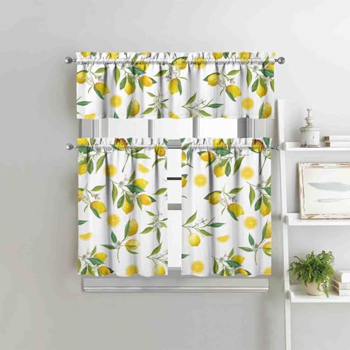 Image of Lemon Kitchen Curtains 3 Piece Set Tier Valance Window Decor