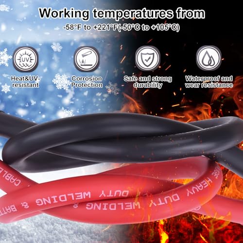 Image of iGreely 2 /0 AWG Battery Welding Cables,2 /0 Gauge Copper Battery Wires with 5 /16'' Heavy Duty Lugs for Automotive Inverter RV Solar Marine Boat,Replacement Parts & Accessories (Red + Black 1FT Pair)