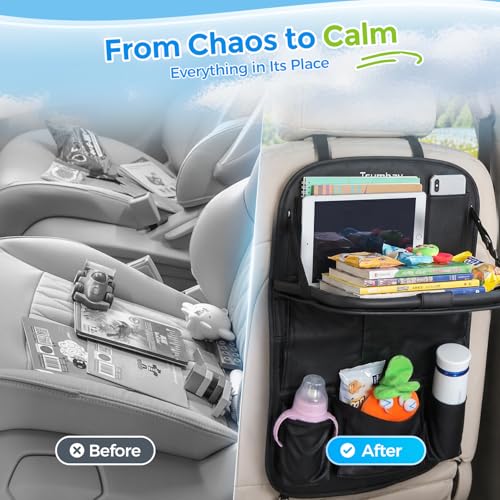 Image of Tsumbay Car Backseat Organizer with Tablet Holder,9 Storage Pockets Foldable Table Tray Seat Back Protectors Kick Mats -PU Leather 1Pck