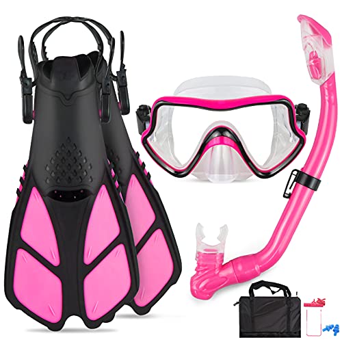 Aisrida Kids Snorkel Set Mask Fin Snorkeling Set, Panoramic Snorkel Mask + Dry Top Snorkel + Adjustable Swim Flippers + Snorkel Gear Bag, Suitable for Ages 5-12