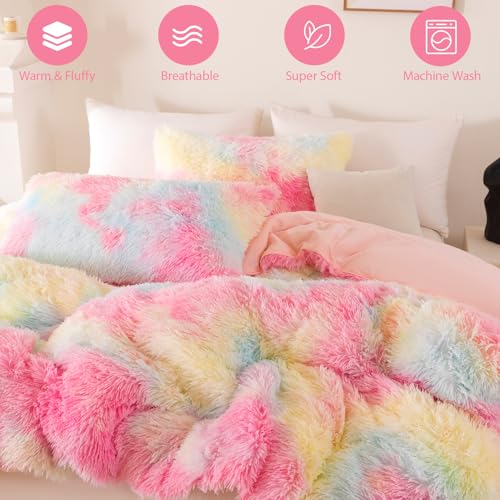 Image of Faux Fur Fluffy King Comforter Set Plush Shaggy Furry Bedding Set - Soft Warm Rainbow Tie Dye Quilt Set, 3 Pieces (Rainbow, King)