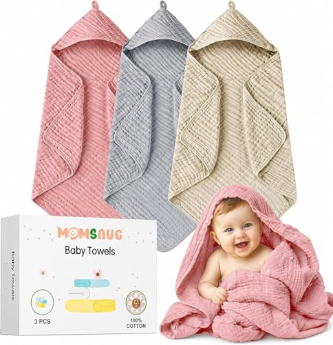 Image of Momsnug 3-Pack Muslin Hooded Baby Towels, Rose+Grey+Apricot, 35 inch X 35 inch | 100% Cotton, Ultra-Soft & Highly Absorbent ,Quick-Dry for Delicate Skin, For Babies, Toddler and Newborn