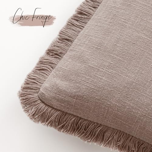 Image of Foindtower Set of 2 Decorative Linen Fringe Throw Pillow Covers Boho Farmhouse Cushion Cover with Tassels Soft Accent Pillowcase for Couch Sofa Bed Living Room Home Decor,18x18 Inch,Dusty Pink