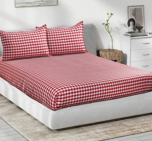Image of AIRWILL 200GSM Handloom Cotton Double Bedsheet with 2 Pillow Covers (Gingham Check Red) - 92 x 104 Inch