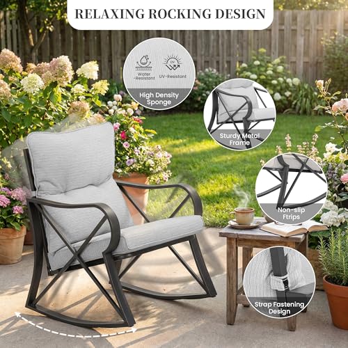 COSIEST 3 Piece Bistro Set Patio Rocking Chairs Outdoor Furniture w Warm Gray Cushions, Glass-Top Table for Garden, Pool, Backyard - Image 5