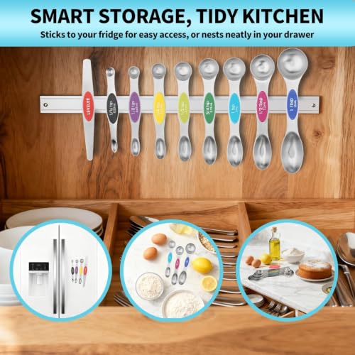 Image of Magnetic Measuring Spoons Set of 9 with Leveler, Color-Coded Dual Sided Stainless Steel Measuring Spoon Set, Stackable Teaspoon and Tablespoon Set for Baking, Cooking, Kitchen Gadgets.