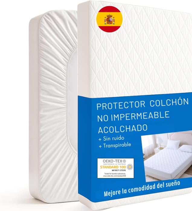 Protector Colchon 150 x 200 Acolchado Ligero 80 gsm – NO Impermeable – Transpirable y Ajustable – Cubre colchon Suave, Sin Ruidos y Lavable a Máquina - con Certificación Oeko-Tex® (Cama 150x200+40)