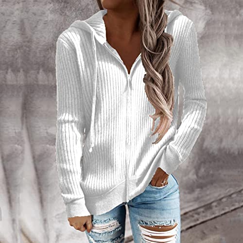 Cocoarm Women's Autumn Winter Rib Knit Long Sleeve Hoodies Zip Up with Drawstring Casual Loose Cardigan Sweater Outwear Coat(XL-White)4