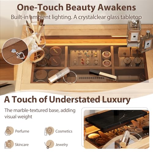 Image of Luxury 100% Solid Wood Vanity Desk with Mirror, Mid-Century Modern Makeup Table with Glass Top & Ambient Light, 2-in-1 Vanity and Nightstand with Storage Cabinet for Bedroom ([Natural] Desk + Mirror)