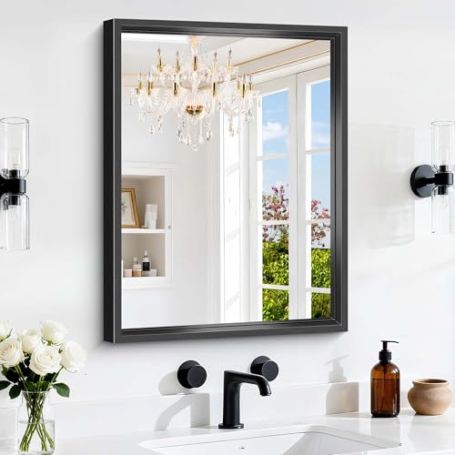 Image of Bathroom Mirror, 18 x 24 inch Brushed Black Metal Frame Rectangular Vanity Mirror, Wall Mounted Rectangle Mirror for Bedroom Living Room, Tempered Glass, Antirust, Horizontally or Vertically