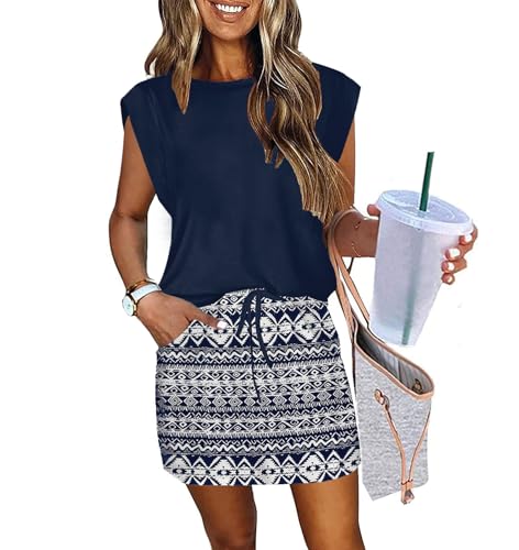 ETCYY NEW Womens Cap Sleeve Summer Dress Crew Neck Tie Front A-Line Dresses Double Layer Hem Mini Dress