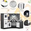 Costzon Kids Kitchen Playset, 2-Piece Little Chef Pretend Cooking Toy w/Light, Sound, Washing Basin, Microwave, Blackboard, Ice Maker, Range Hood, Stove, Corner Wooden Play Kitchen for Kids 3+ (Black)