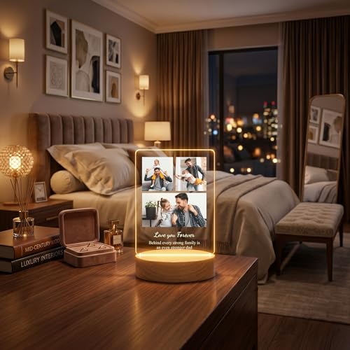 Image of Giftplease Fathers Day Personalized Rectangle Acrylic LED Frame - Custom 3 Photo Wood Stand Tabletop Showcase For Grandpa Birthday, Dad, Stepdad, Husband Anniversary Meaningful Family Keepsake