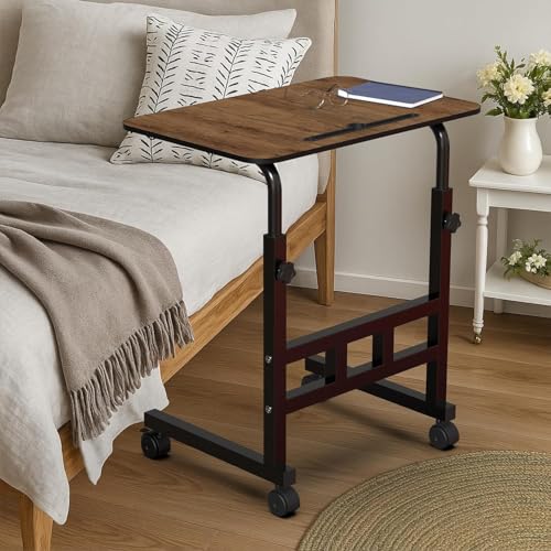 Image of amazon basics Adjustable Sofa Side Table with Wheels, Portable Bedside Table for Bed and Sofa, Rolling Study Desk, Height Adjustable 26-34 Inch, 23.5 x 15.5 Inch Top Brown