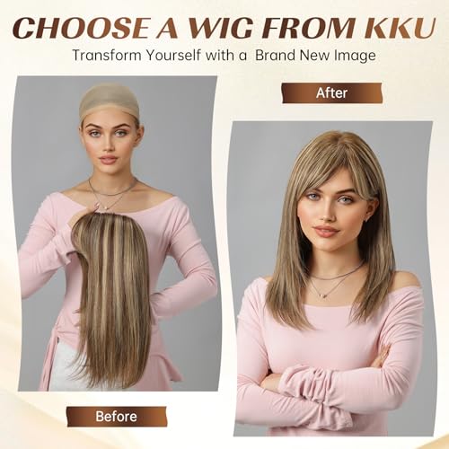 Image of KKU 16 Inch Ombre Ash Blonde Human Hair Wigs for Women, Straight Human Hair Wig with Bangs,Remy Human Hair Wigs,Daily Wig