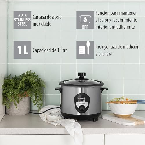 Miniatura 5 de Tristar Rk-6126 Arrocera, Capacidad 1 Litro, Función Para Mantener El Calor, Apagado Automático, Incluye Taza Medidora, Espátula Y Cuchara, Revestimiento Antiadherente Del Recipiente, 400 W, Plateado