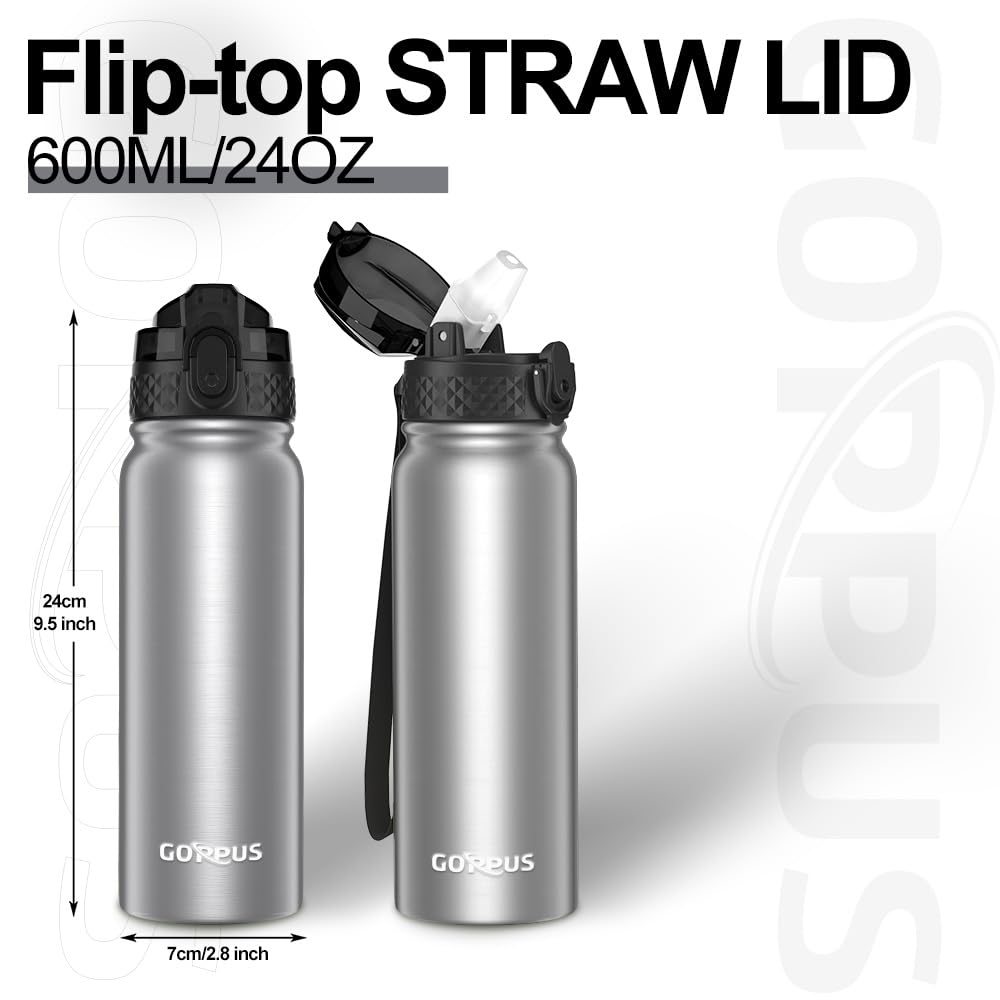 GOPPUS 600ml/20oz Stainless Water Bottle with Straw Double Wall Insulated Bottles with Strap One Hand Open Vacuum Thermal Flask Leakproof Keep Cold Bottles with Flip Top Lid BPA Free (Steel) - Image 4