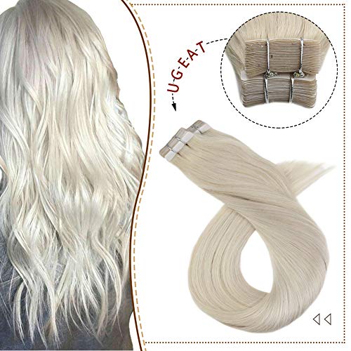 Ugeat Tape in Human Hair Extensions 18 Inch 100GR Tape on Hair Extensions Human Hair White Blonde Hair Extensions Seamless Tape Hair Extensions 40 PCS Tape in Full Head Glue on Hair