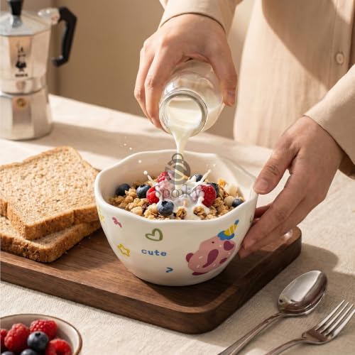 Image of Spooky Cute Ceramic Cereal & Soup Bowls (420ml) | Bowls with Top Waving Design | Microwave Safe Serving Bowls for Ramen, Noodles, Salad, Rice & Breakfast | Katori /Bati /Pyala (Set of 2,Pink Rabbit)
