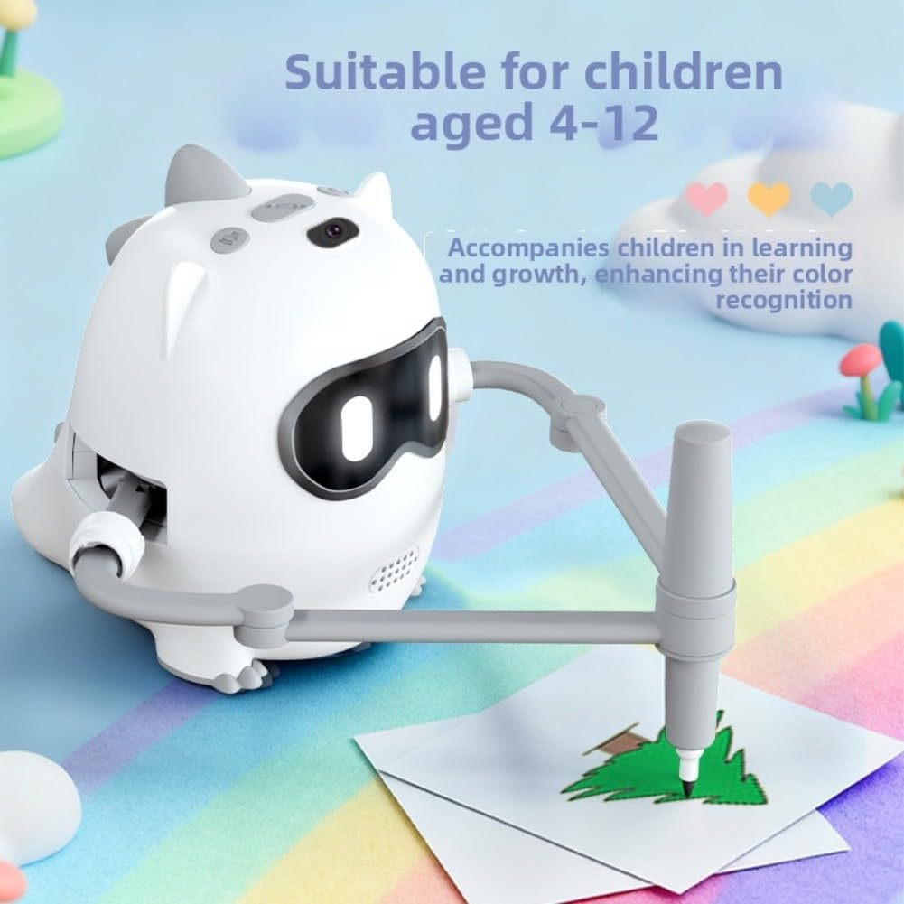 Robot de dibujo inteligente con cámara, juguete de aprendizaje interactivo para niños, incluye 100 tarjetas de patrón y 12 bolígrafos coloridos (blanco)