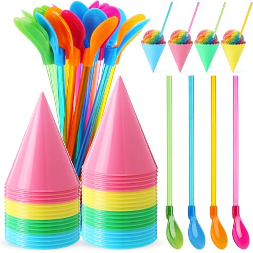 FoldTier 20 Pack Reusable Snow Cone Cups with 20 Spoon Straws 6oz Leakproof Plastic Shaved Ice Cups Dishwasher Safe for Snow Cone Machine Syrups Slush Sorbet Summer Ice Cream Party(Candy Colors)